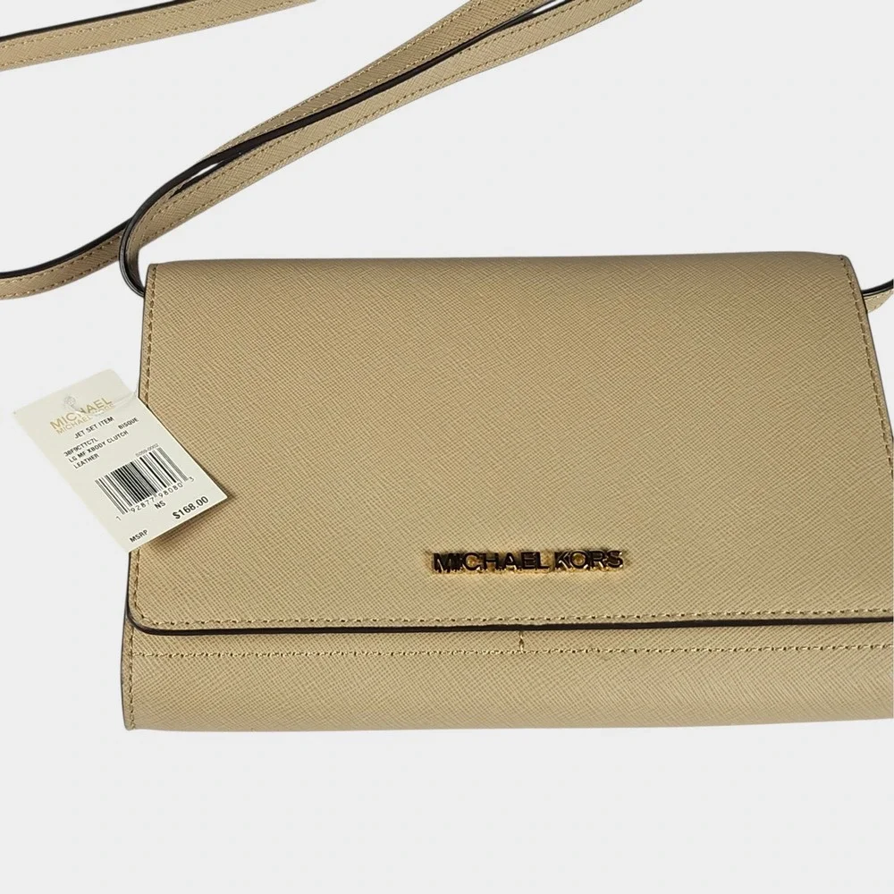 Michael Kors‎ Jet Set Crossbody Clutch Womens Bisque Leather Minimalist Neutral
